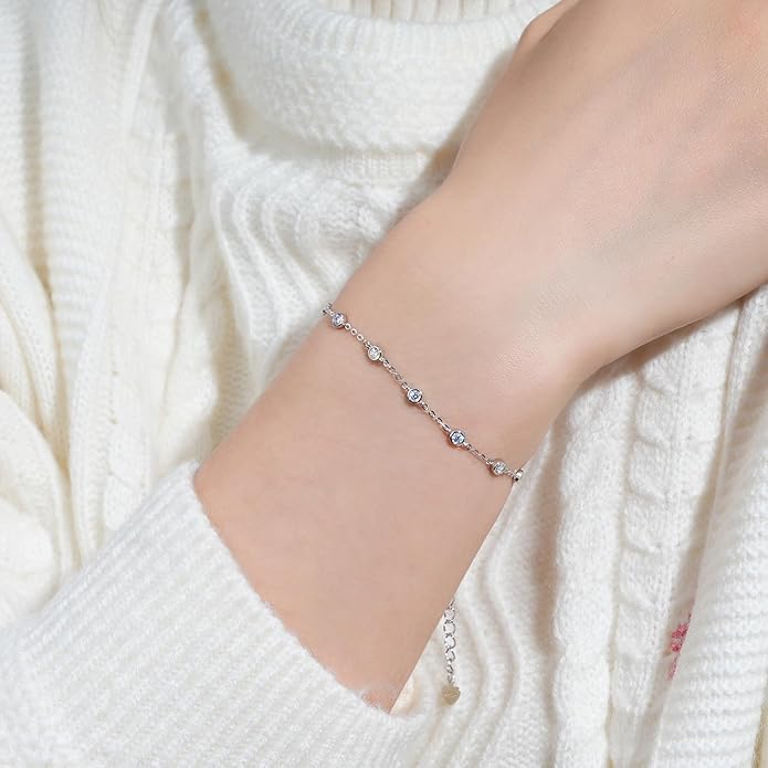 Bezel Moissanite Link Bracelet 0.66cttw D Color VVS1 925 Sterling Silver Adjustable Dainty Bracelets for Women Wife Birthday Jewelry Gifts