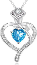 LOUISA SECRET Rose Flower Heart Birthstone Necklaces for Women, 925 Sterling Silver Fine Jewelry, Pendant Heart Necklaces Birthday Anniversary Christmas Gift for Women Wife Mom Girlfriend Lady