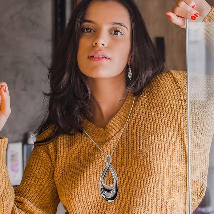 Madison Tyler Gold Plated Jewelry Set for Women | Silver Teardrop Pendant Necklace Trendy | Long Necklace with Snake Chain | Fashion Dangle Earring Set