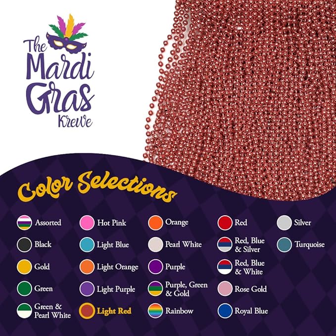 THE MARDI GRAS KREWE - Beads Necklaces Mardi Gras 72 Pack, 6 Dozen 33" 7mm - Party Favors, Parades, Bulk Decorations, Costumes, Festivals, Events - Light Red