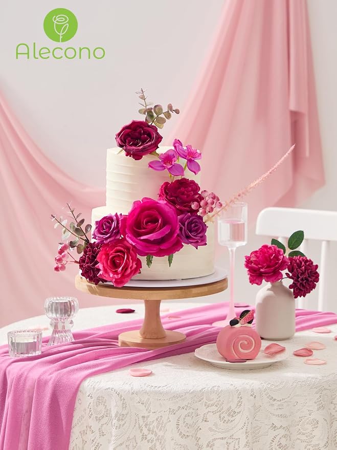 Alecono Hot Pink Artificial Flowers, Silk Fake Roses Floral Set | - Image 9