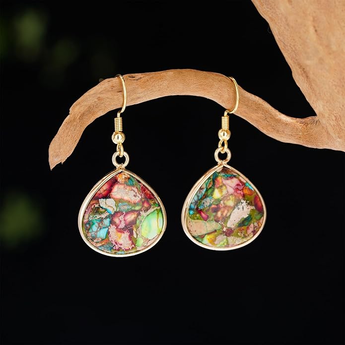 Boho Women Natural Stone Earrings Unique Healing Imperial Jasper Gemstone Energy Hypoallergenic Lightweight Dangle Drop Earrings Multiple Styles Earrings Jewelry for Birthday Party Gift