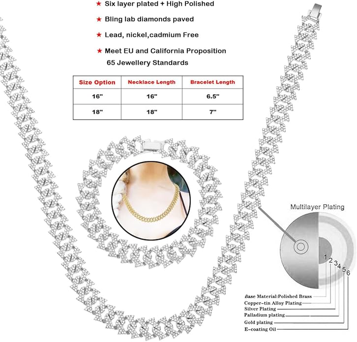 HH BLING EMPIRE 14k Gold/Silver Cuban Link Chain for Women Iced Out Diamond Chunky Cuban Link Necklace Chain Bracelet 2pcs Sets