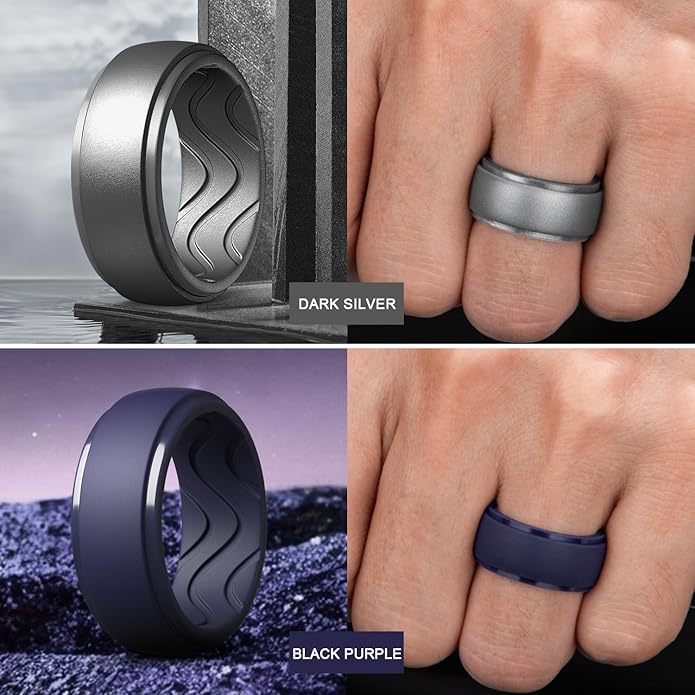 Egnaro Men's Silicone Rings 10mm Wide 2.5mm Thick, Rubber Wedding Bands with Inner Arc Ergonomic Breathable Design, 1/4/5/7 Variety Multipack