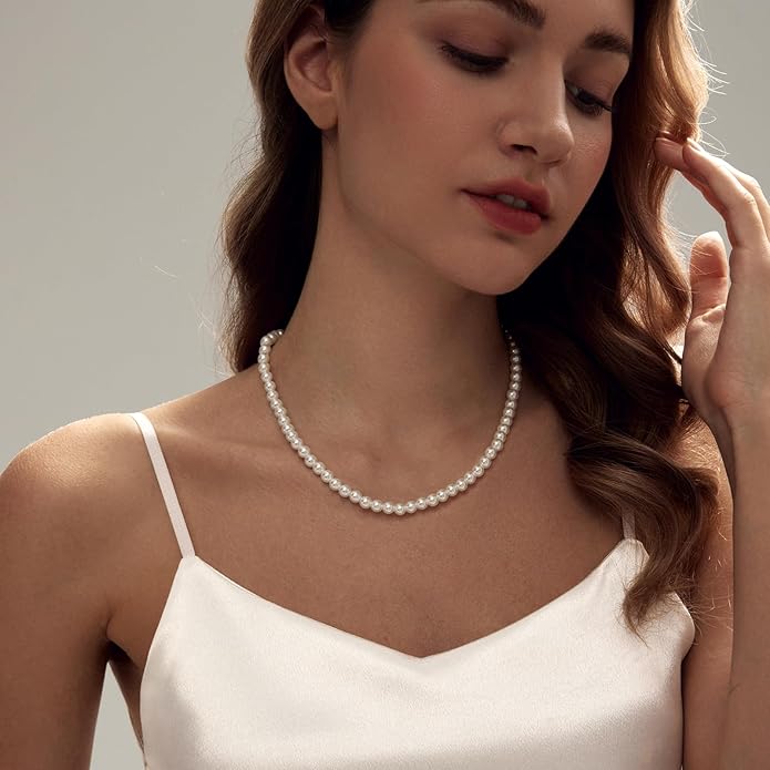 Zeffy Pearl Necklace 4MM/6MM/8MM Dainty Round Imitation Pearl Choker Necklace Wedding Pearl Necklace Delicate Jewelry for Women Simple Bridesmaid Jewelry Gifts