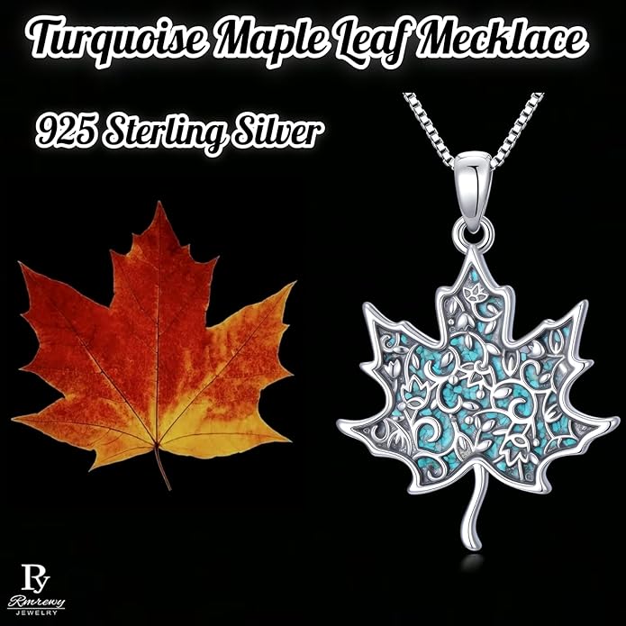 RMREWY Genuine Turquoise Maple Leaf Pendant Necklace,925 Sterling Silver Native American Boho Western Pendant Real Gemstone Jewelry Birthdays Gift for Women Nature Lover