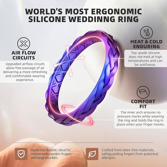 Egnaro Women's Wedding Bands, Silicone Thin and Stackable Rubber Engagement Ring, Variety Multipack With Breathable Grooves Workout Accessories