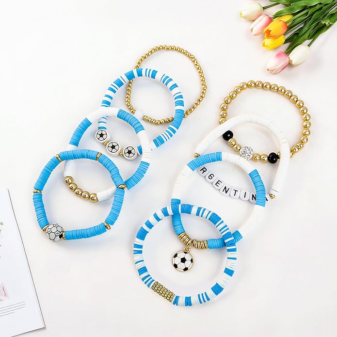 Game Day Bracelets for Women, Stackable Heishi Beaded Stretch Soccer Bracelet Soccer, World Soccer Cup Team Color Accessories & Outfits Jewelry, Soccers Dads Moms Coaches Fans Gifts