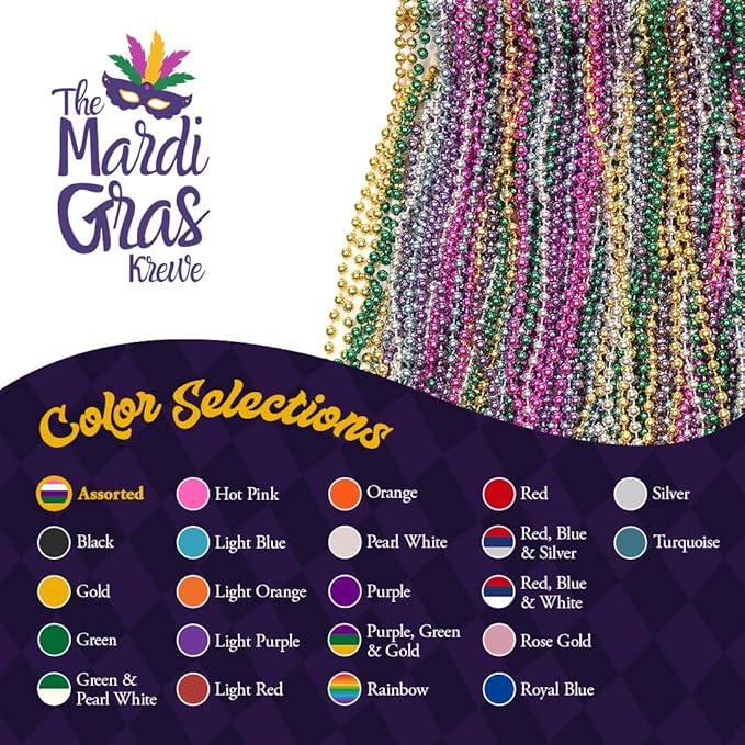 THE MARDI GRAS KREWE - Beads Necklaces Mardi Gras 72 Pack, 6 Dozen 33" 7mm - Party Favors, Parades, Bulk Decorations, Costumes, Festivals, Events - Assorted