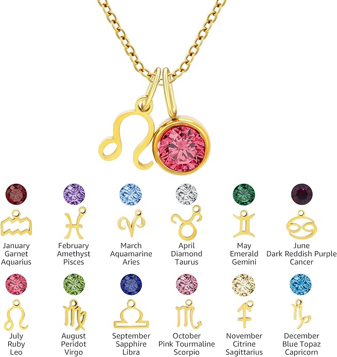 MISS RIGHT Initial Birthstone Necklace for Women - Personalized Gifts Birthday Gifts for Women Stainless Steel 18K Gold Plated Dainty Gold Zodiac Sign 12 Constellation Horoscope Necklace Jewelry
