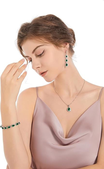LMXXVJ Necklace Long Earrings Bracelet Set, White Gold Plated Created Blue Sapphire Jewelry Set Wedding Party Gift Jewelry for Women Bridal Bridesmaid