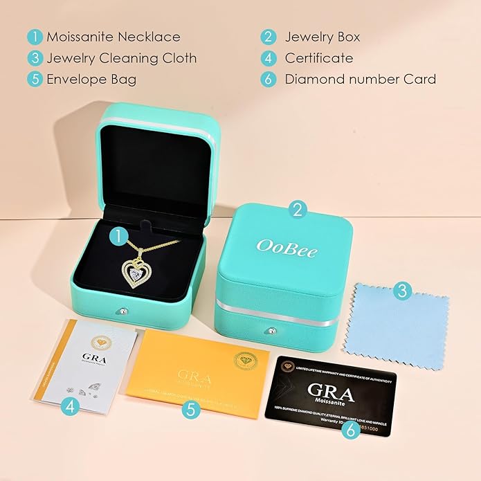 OOBEE Valentines Day Gift Moissanite Heart Necklaces for Women, 1- 4 Carat Moissanite 925 Sterling Silver 14K Gold Plated Pendant Necklace, Ideal Anniversary Birthday Christmas Mothers Day Jewelry Gifts for Mom Wife Her Girlfriend Daughter