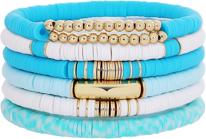 GOOJIDS Surfer Heishi Clay Bead Bracelets for Women Bohemian Stackable Gold Plated Beaded Stretch Bracelets Elastic Layering Friendship Bracelets Set Boho Jewelry