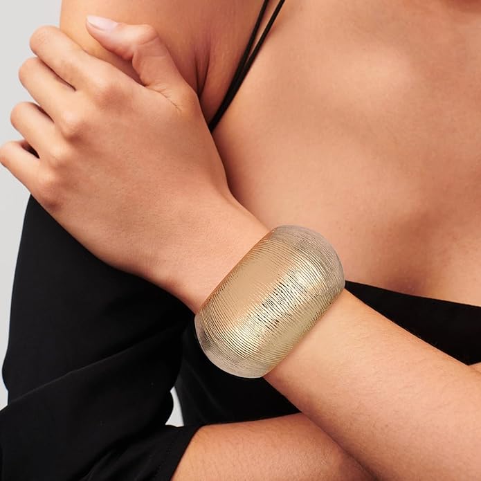 HZMAN 18K Gold Plated Wide Cuff Bracelet for Women - Premium Alloy Shiny Polished Double Layer Statement Bangle, Trendy Daily Wear Party Jewelry Accessory