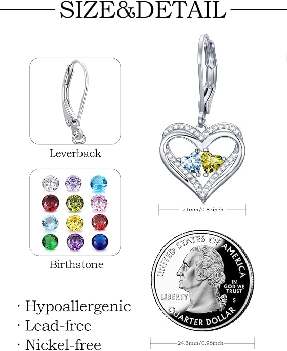 Valentines Day Gifts for Women, Heart Leverback Earrings Double Birthstone Dangle Earrings for Women, Love Jewelry for Her, Anniversary Birthday Gift for Mom Wife Girlfriend