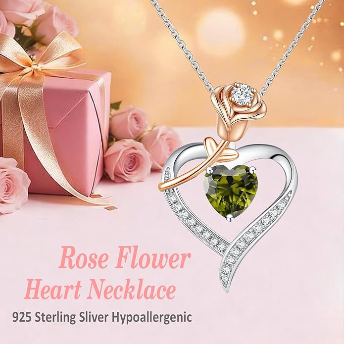 immobird Rose Gold Heart Necklace Birthstone Jewelry Sterling Silver Jewelry Plated White Gold Valentine's Day Gift Women for Wife Mom Necklace for Women