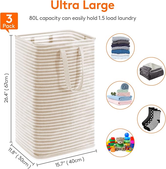 Lifewit 3 Pack Laundry Basket 80L Each, Collapsible Clothes Hamper - Image 2