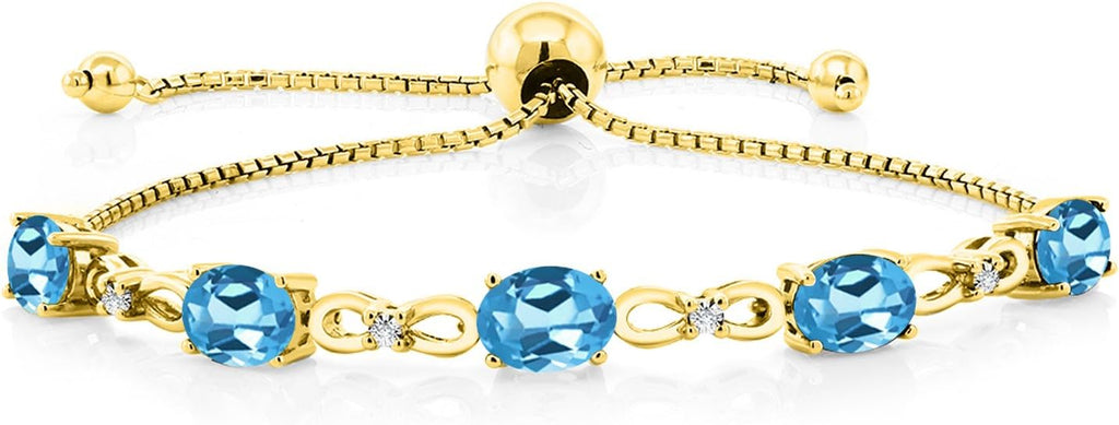 Gem Stone King 7X5MM Oval Cut Gemstone Birthstone and Accent Lab Grown Diamond Tennis Bracelet For Women In 18K Yellow Gold Plated Silver | Adjustable Bolo Bracelet For Women | Easy-On Easy-Off
