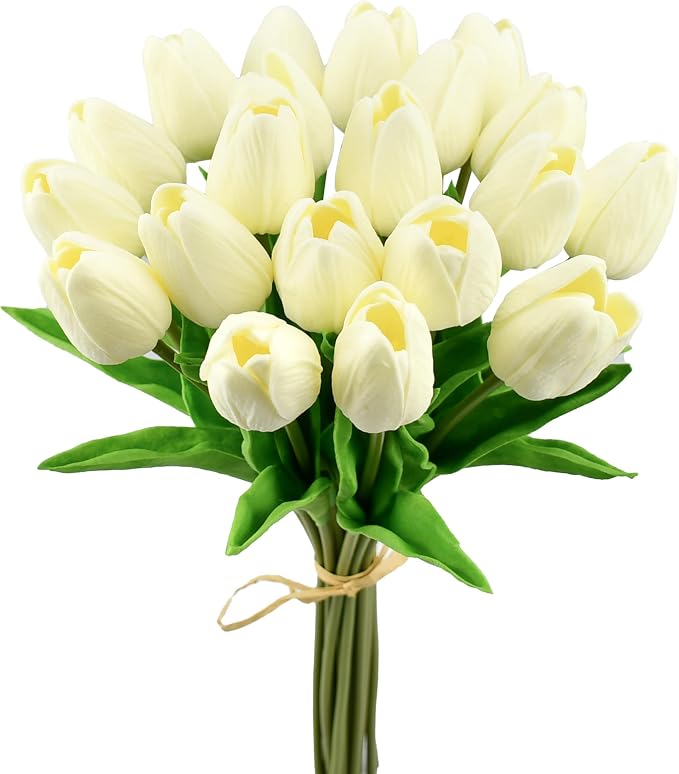 Mandy's 20pcs Artificial Cream Tulips | 13.5 Inch Lifelike PU Tulips Faux by Mandys