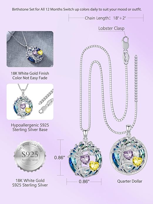 TOUPOP s925 Sterling Silver Family Celtic Tree of Life Pendant Necklaces with 2 Heart Birthstone with Blue Austrian Crystal Jewelry Birthday Valentines Day Gifts for Her, Anniversary Christmas Gifts for Wife Girlfriend Mom (18K Real White Gold Filled)
