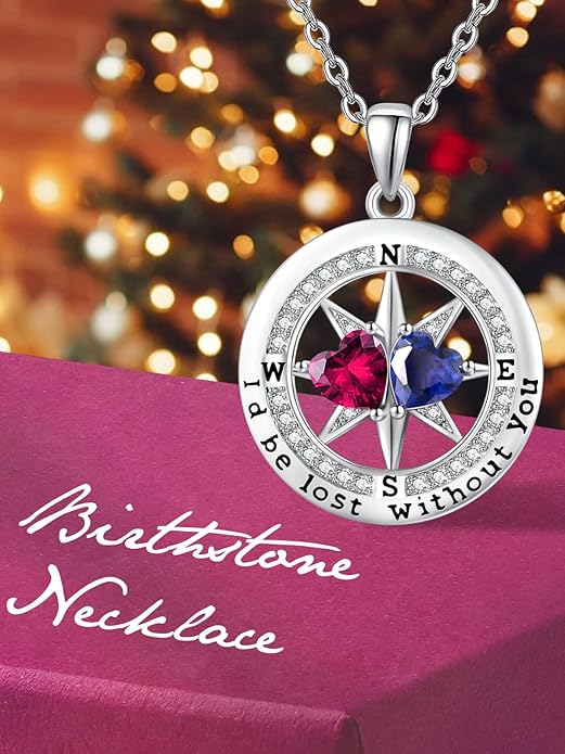 Compass Necklace for Women, Exquisite S925 Valentines Day Anniversary Birthday Gifts for Wife Her Double Birthstone Pendant Jewelry ‘I'd be Lost Without You’