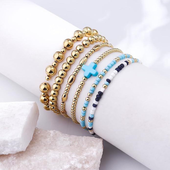 Gold Bracelets for Women Waterproof, 14K Gold Plated Beaded Cross Bracelets Set,Boho Stretch Bracelets Stackable Jewelry for Women Teenage Girls Jewelry Christmas Gifts