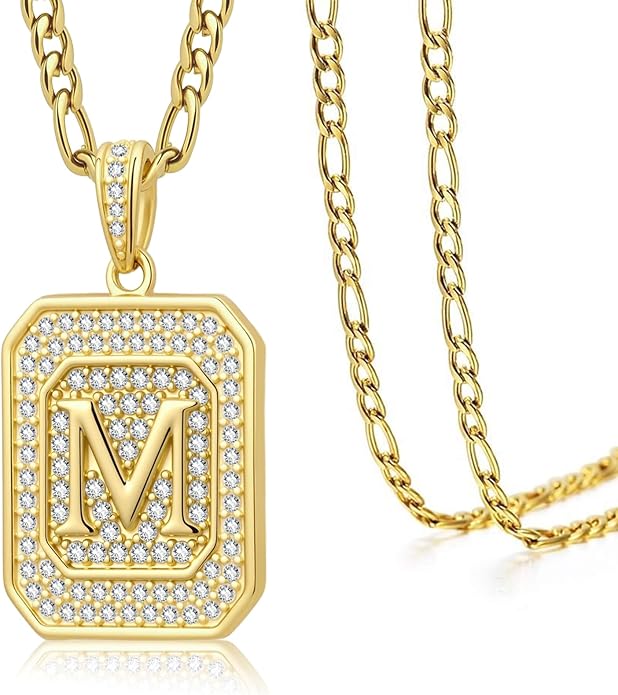 Initial Letter Pendant Necklace for Men Women, 14K Gold Square Monogram Alphabet Necklace with Figaro Chain, Valentines Day Birthday Gifts for Him Her