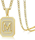 Initial Letter Pendant Necklace for Men Women, 14K Gold Square Monogram Alphabet Necklace with Figaro Chain, Valentines Day Birthday Gifts for Him Her