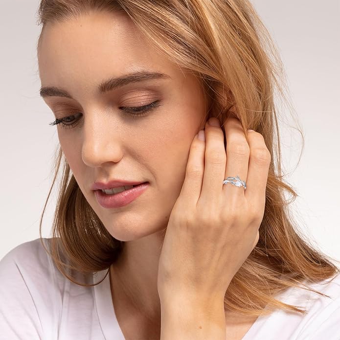 PRAYMOS 925 Sterling Silver Leaf Ring White Opal Moonstone Rings Adjustable Open Ring for Women with Jewelry Box Size 7-9