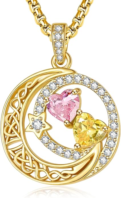 14K Gold Moon and Star Necklace Gifts for Women - Double Heart Birthstone Necklace, Valentines Wedding Anniversary Birthday Gifts for Her Wife Mom Daughter Grandma Sister