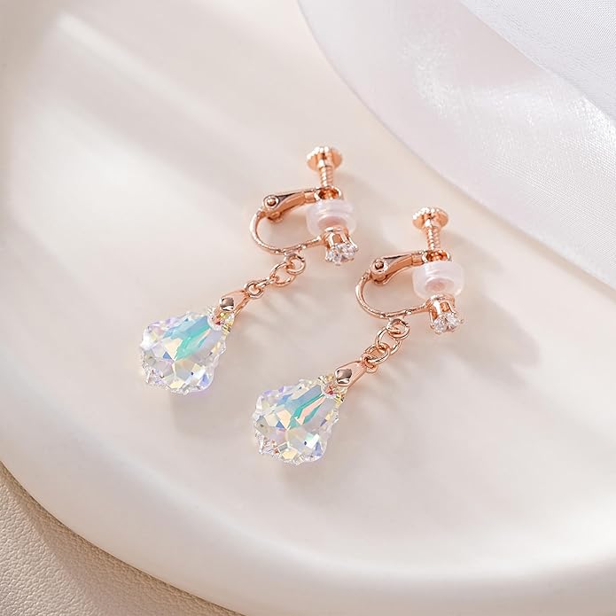 Austrian Crystal Baroque Drop Clip On Dangle Earrings for Women Non Pierced 14K Rose Gold Plated Hypoallergenic Jewelry