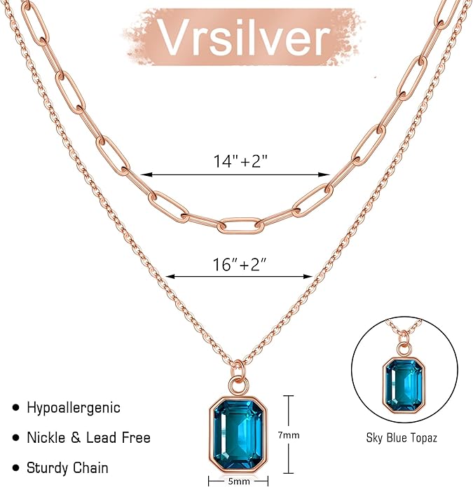 Layered Birthstone Necklace for Women Girls, 14K Gold-Plated Paperclip Chain Choker Necklace with Rectangle Birthstone Pendant Birthday Gifts for Women Girls Dainty Small