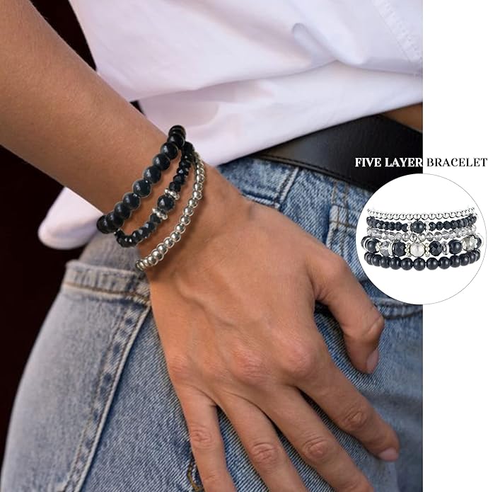 Noessla Beaded Pearl Stretch Bracelet Silver Stackable Crystal Beads Bracelets Trendy Costume Jewelry Mothers Day Gifts for Women