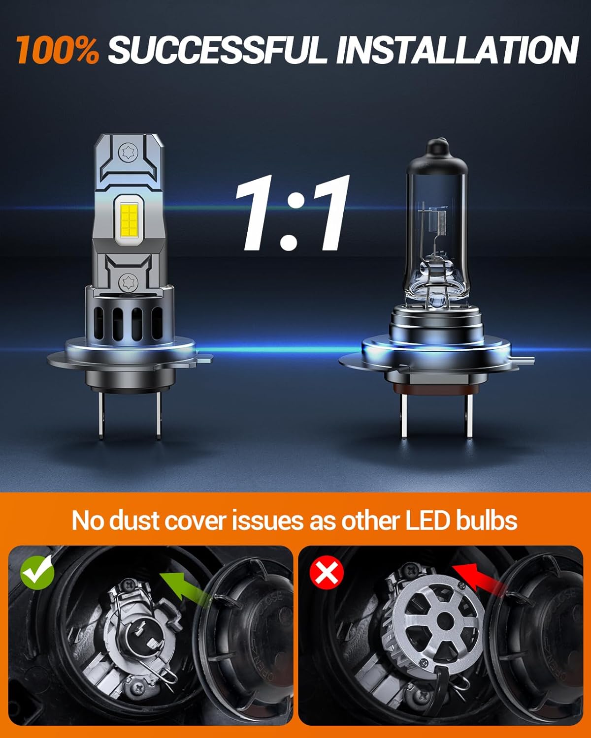 SEALIGHT H7 Bulbs, 50,000LM 6500K Fog Lights with Cooling Fan, 1:1 Design, Plug-N-Play, Pack of 2