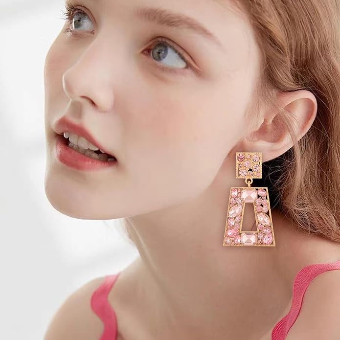 Rhinestone Rectangle Statement Earrings Colorful Crystal Geometric Drop Dangle Earrings for Women Prom Party