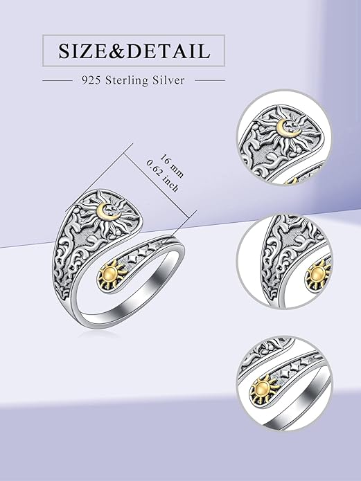 Midari Sun and Moon/Bee/Celtic/Life of Tree/Lotus Spoon Ring for Women 925 Sterling Silver Adjustable Ring Open Ring for Women Men Halloween Birthday Gift