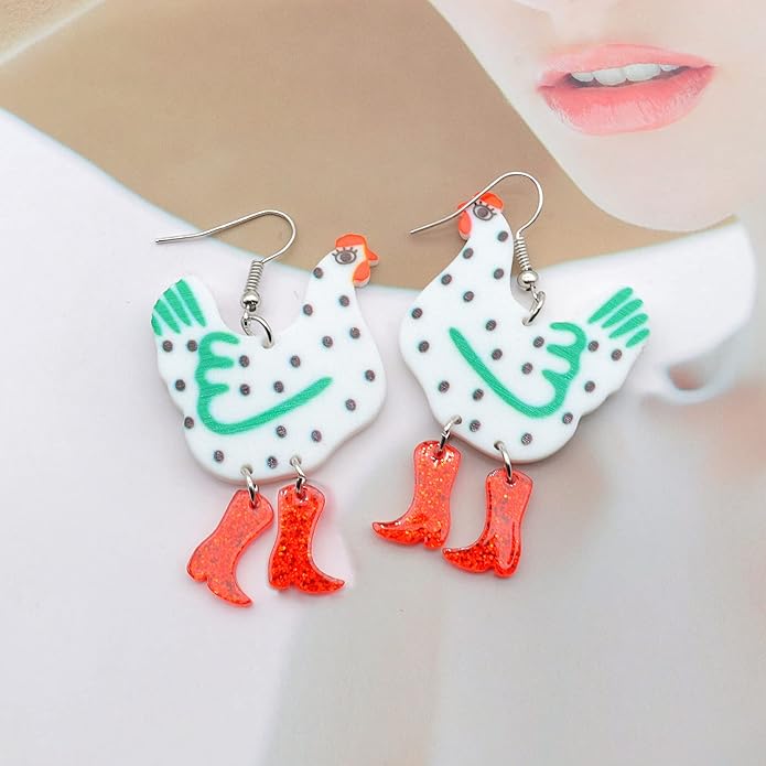 Acrylic Boot Big Chicken Earrings,Funny Colorful Boots Chicken Drop Dangle Earrings,Cock Hen Foot Chicken Earrings for Women Farm Design Lovely Gift