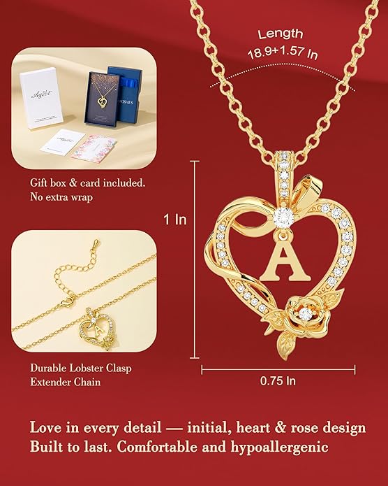 Initial Heart Necklace Gift for Women – 14K Gold Plated Rose Pendant, Personalized Letter Jewelry for Wife, Mom, Grandma, Sister – Birthday, Anniversary for Her
