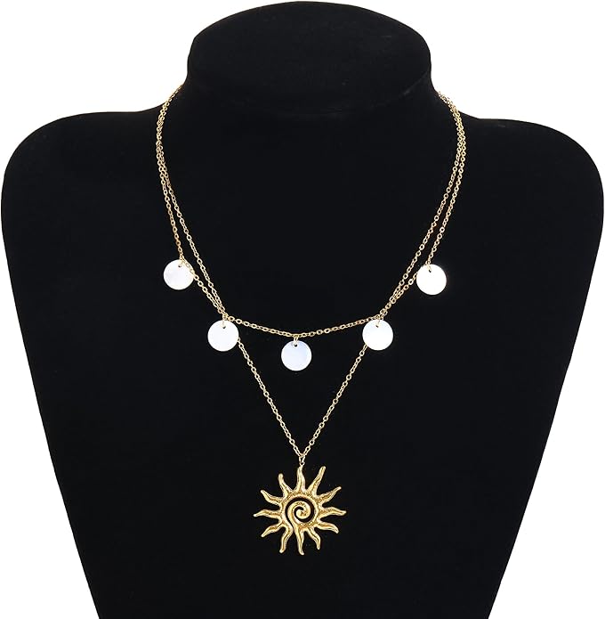 Gold Necklace for Women, Dainty 14K Gold Plated Layered Sun Pendant Necklace Gold Charm Chocker Jewelry Gift for Her