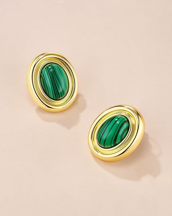 18K gold plated Medium Oval Button Chunky Statement Earrings for Women by SNGIA, (Turquoise, Carnelian, Aventurine, Amethyst, Malachite, Cat Eye, White, Cream) Bold Handmade Colored (Red, Blue, Green, White, Cream, Purple) Exaggerated Dome Retro Rounde...