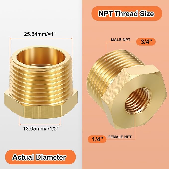 5 Pack Male to FeMale Adapters, 3/4" MNPT x 1/4" FNPT Threaded Brass Hex - Image 2