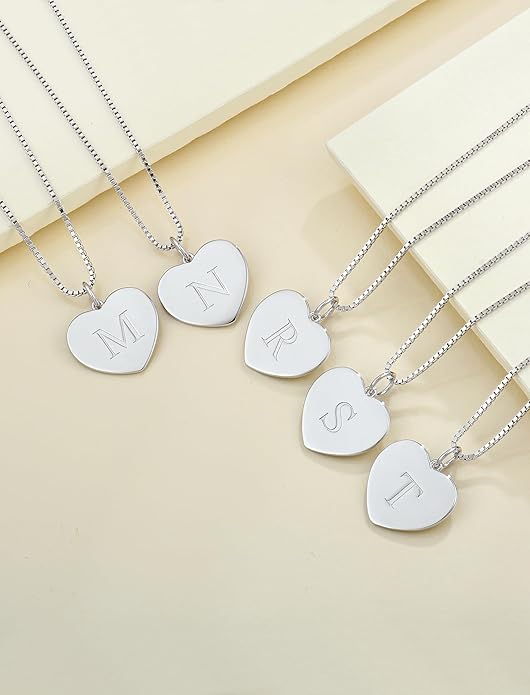 YL Initial Necklace 925 Sterling Silver Square/Round/Heart Letter Pendant A-Z Alphabet Polished Jewelry for Women