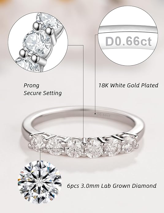 IMOLOE Lab Grown Diamond Wedding Bands for Women，0.66 Carat Ring 6 Stones Eternity Rings for Women in 18K White Gold Plated Sterling Silver Size 4-11