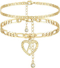 YANODA Initial Ankle Bracelets for Women 14K Gold Plated Layered Figaro Chain Letter Initial Anklets Handmade Layered Heart Ankle Bracelets Personalized Jewelry for Women