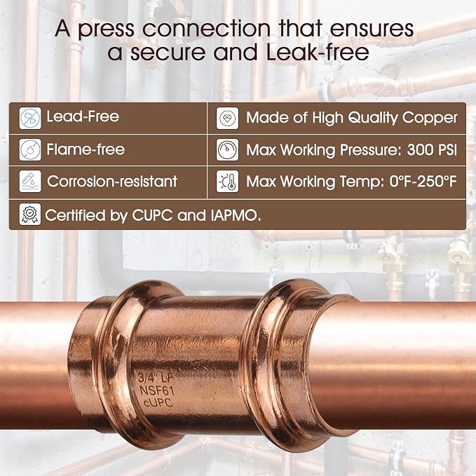 Copper Press Fittings 3/4inch Kit, 6pk Copper Coupling&6pk 90 Elbow&3pk Tee | - Image 3