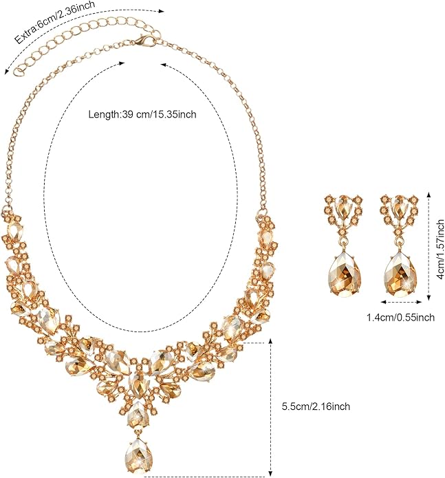 Hicarer Bridal Teardrop Cluster Crystal Jewelry Set for Women Necklace Earrings Wedding