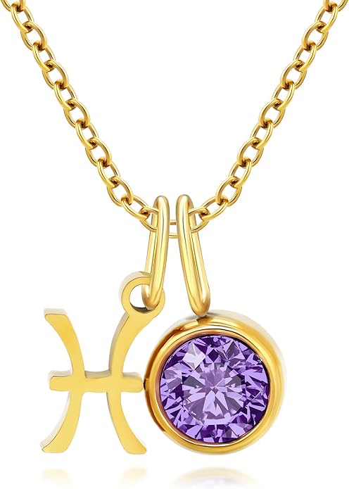 MISS RIGHT Initial Birthstone Necklace for Women - Personalized Gifts Birthday Gifts for Women Stainless Steel 18K Gold Plated Dainty Gold Zodiac Sign 12 Constellation Horoscope Necklace Jewelry