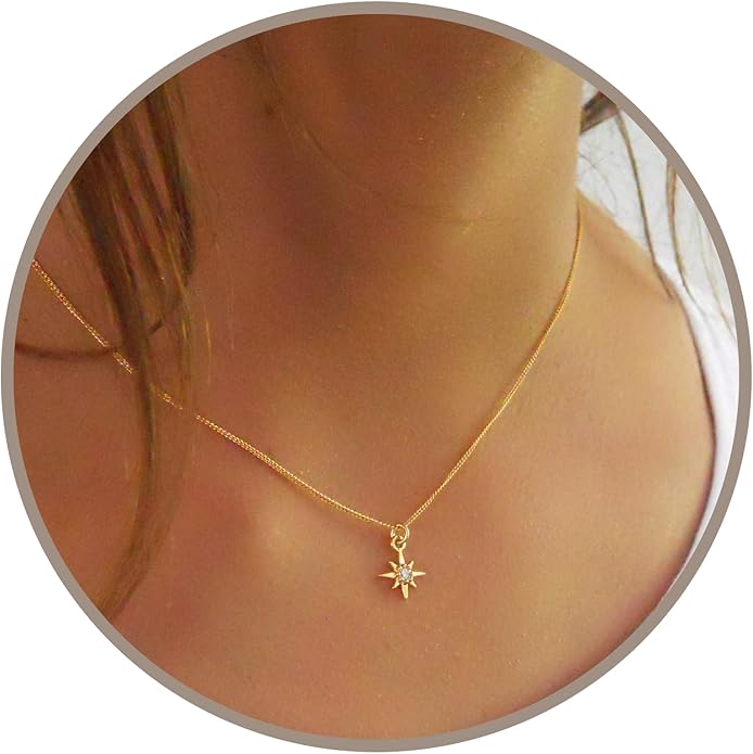 Annika Bella Sterling Silver Star Necklace for Women, Length 15-17 Inches, Tiny Cubic Zirconia North-Star Charm Pendant Necklace, Waterproof, Celestial Jewelry Gift for Her