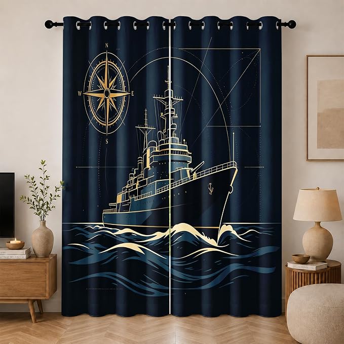 Navy Blue Warship Blackout Curtains 52 x 72 Inch Length Set of 2 | Nautical by Unknown