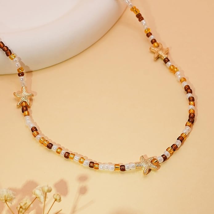 Women's Shell Starfish Boho Layered Beaded Necklace Choker for Summer Beach Vacation Gifts for Birthday/Anniversary/Christmas